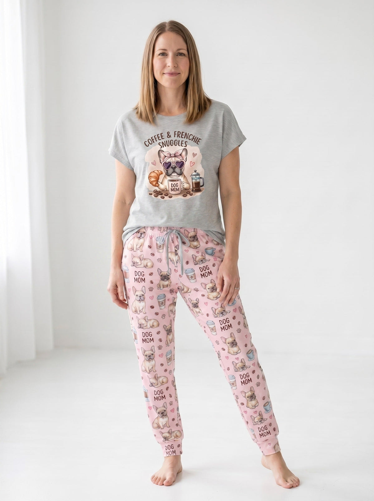 Coffee & Frenchie Dog Mom Soft Knit Pajama Set for Women