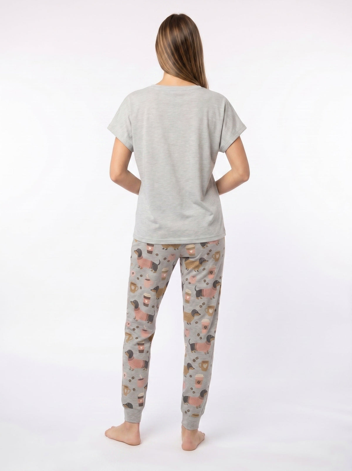 Dachshund and coffee print soft knit pajama set for women — gray cozy gift sleepwear