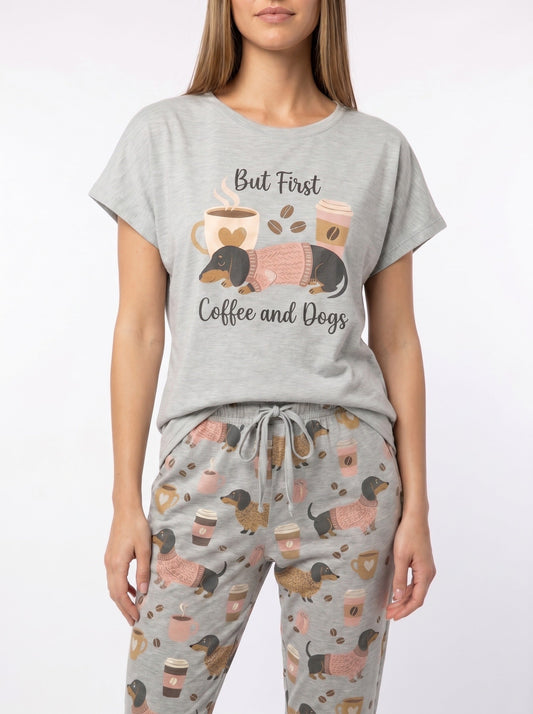 But First Coffee & Dogs Dachshund Print Soft Knit Pajama Set for Women