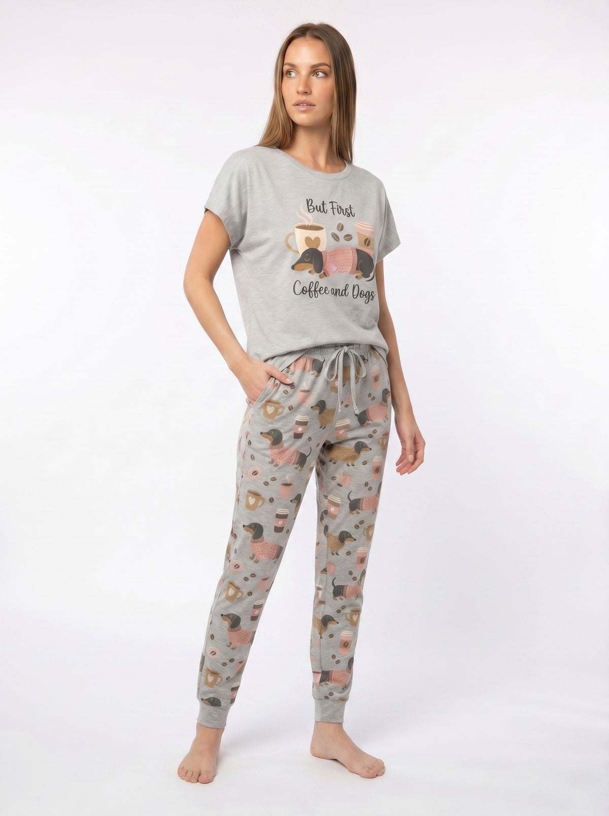 But First Coffee & Dogs Dachshund Print Soft Knit Pajama Set for Women