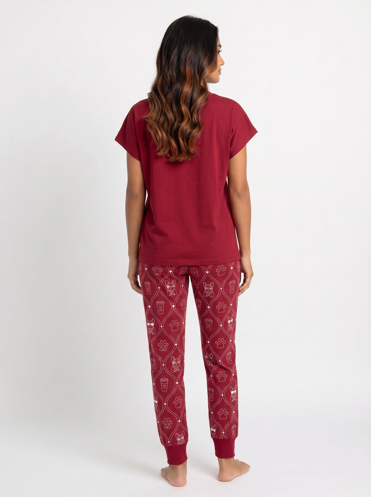 Deep red dog mom soft knit pajama set — French Bulldog graphic tee and AOP jogger pants for women