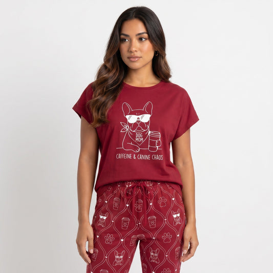 Cute Dog Mom Soft Knit Pajama Set with French Bulldog Graphic Tee and Jogger Pants for Women