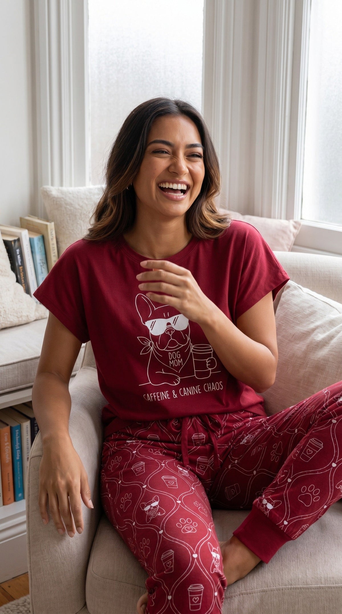 Cute Dog Mom Soft Knit Pajama Set with French Bulldog Graphic Tee and Jogger Pants for Women