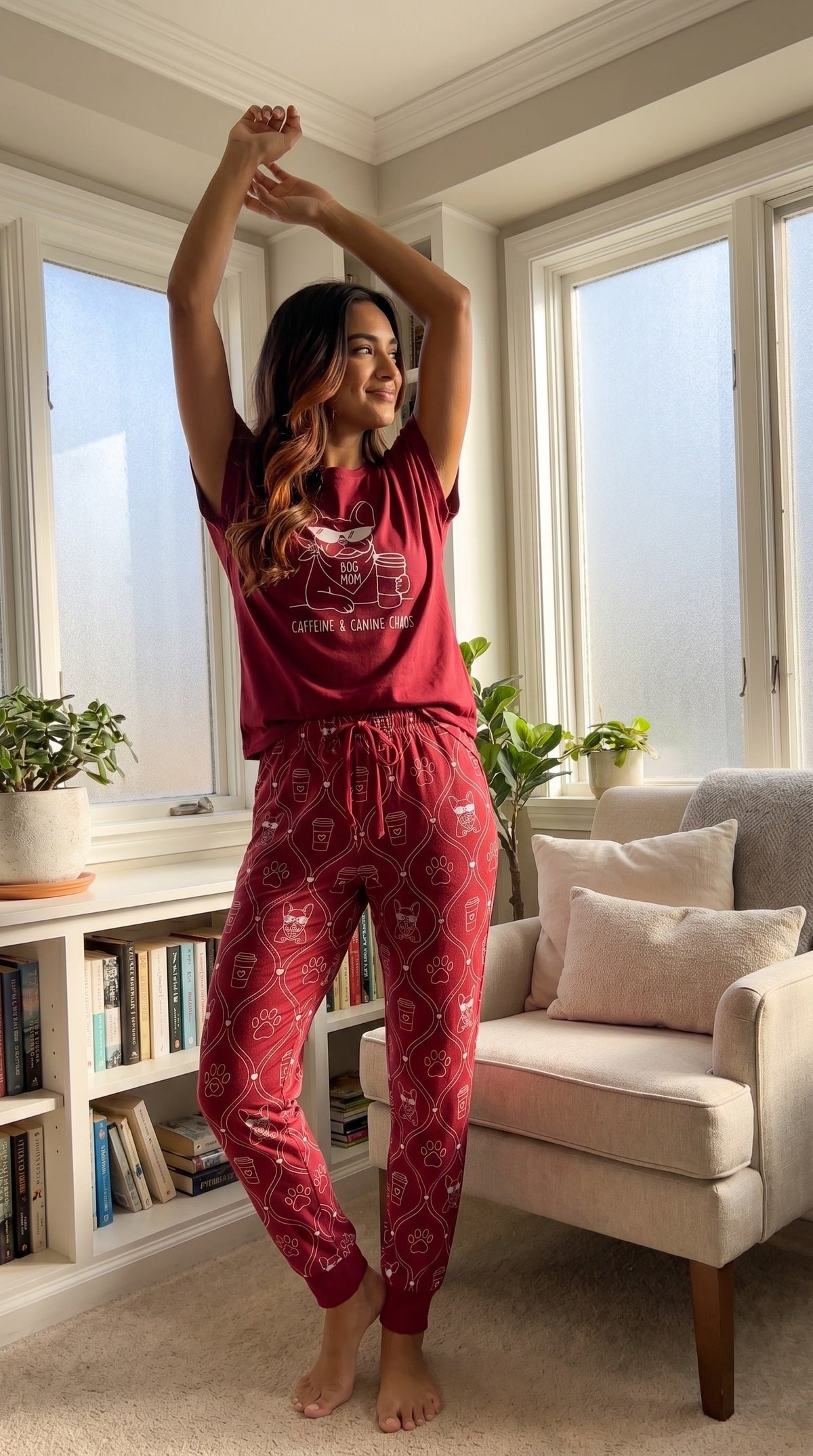 Cute Dog Mom Soft Knit Pajama Set with French Bulldog Graphic Tee and Jogger Pants for Women