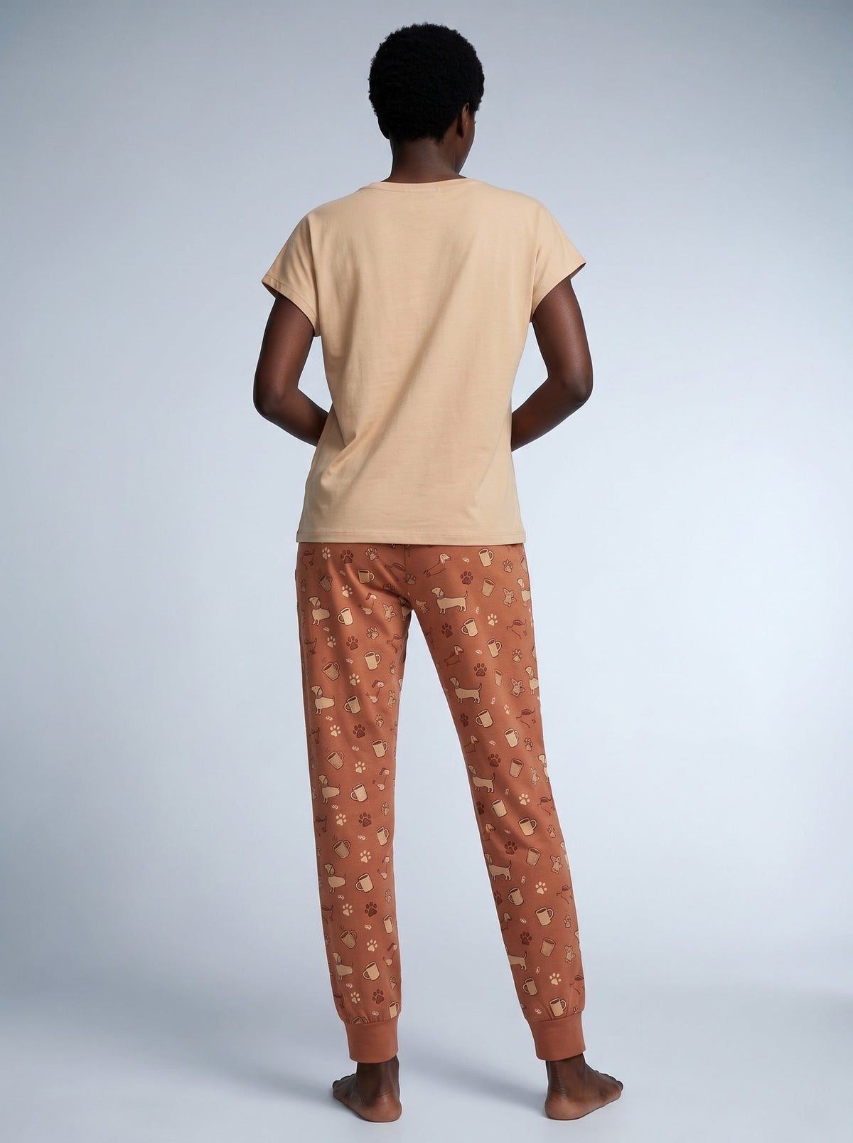 Women's dachshund and coffee graphic knit pajama set, light tan tee with terracotta AOP jogger pants, sizes S-5XL