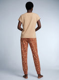 Women's dachshund and coffee graphic knit pajama set, light tan tee with terracotta AOP jogger pants, sizes S-5XL