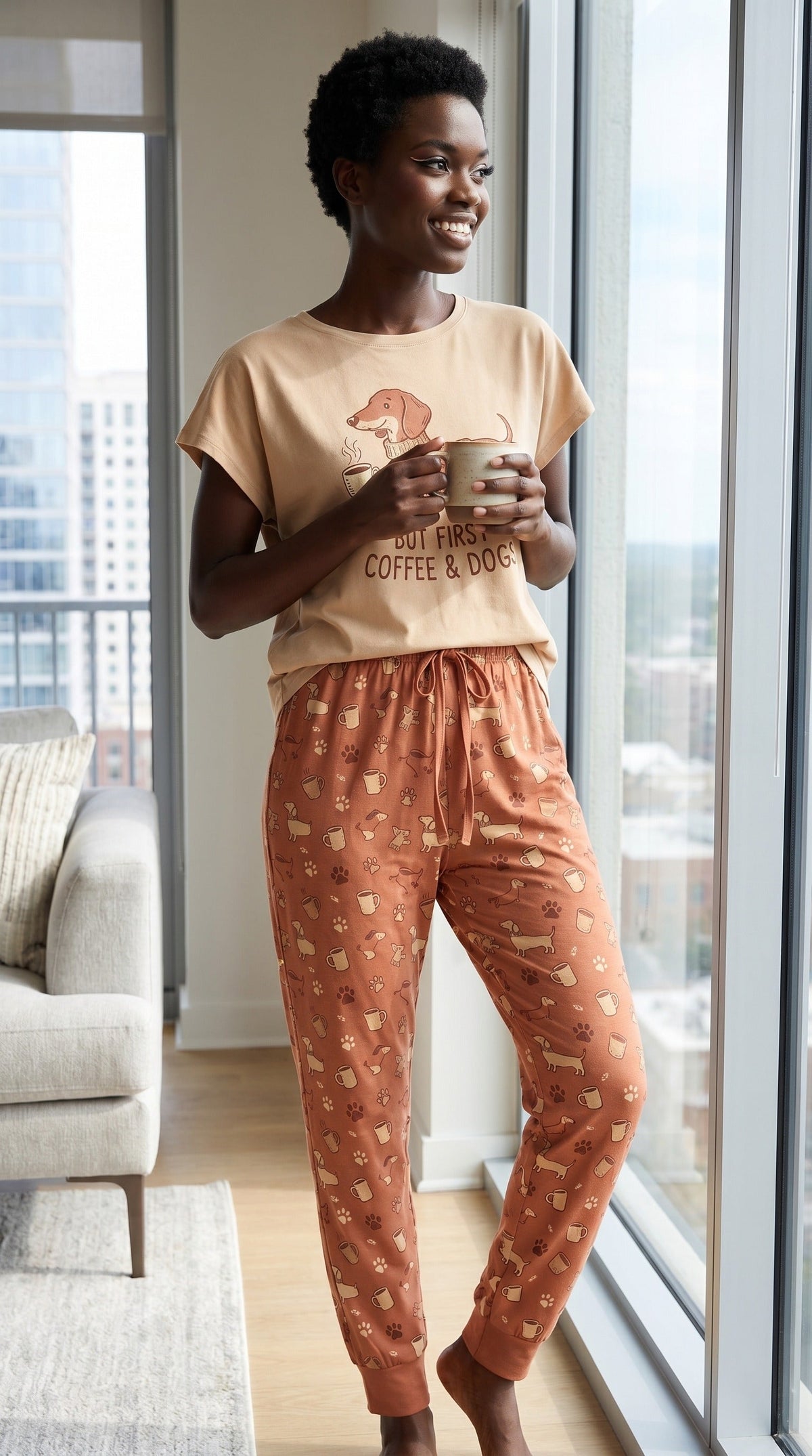 But First Coffee & Dogs Dachshund Knit Pajama Set for Women