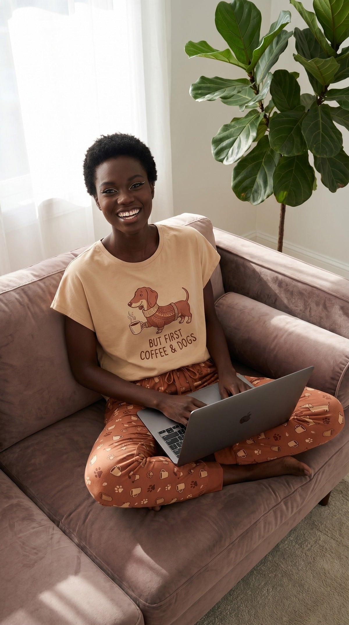 But First Coffee & Dogs Dachshund Knit Pajama Set for Women