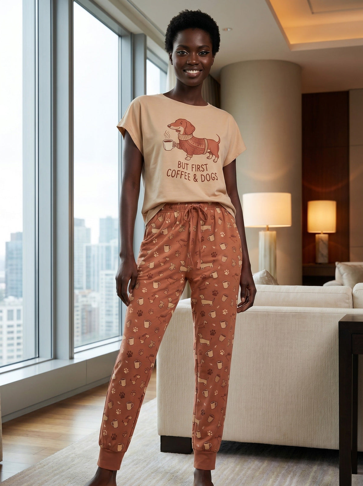 But First Coffee & Dogs Dachshund Knit Pajama Set for Women
