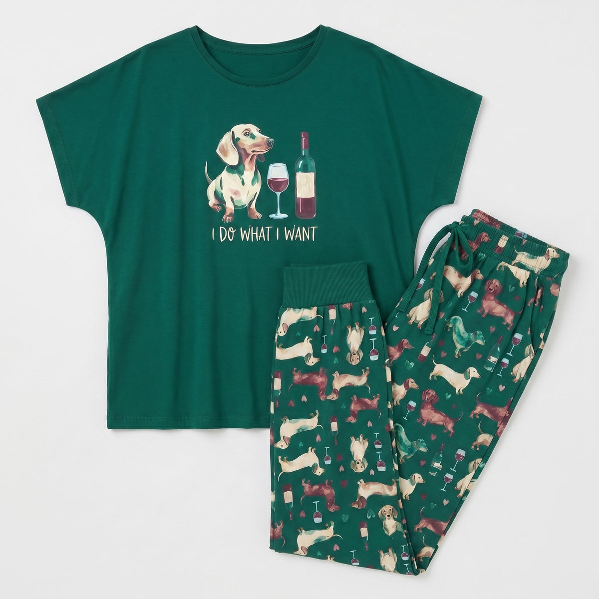 Dachshund & Wine Soft Knit Pajama Set for Playful Dog Moms