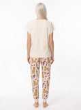 Women's soft knit pajama set with golden retriever wine graphic tee and all-over print jogger pants, cream and dusty rose palette