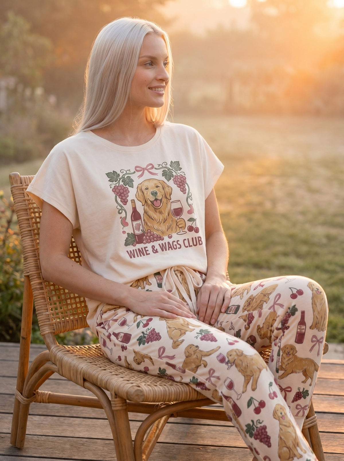 Wine & Wags Club Knit Pajama Set for Golden Retriever Women