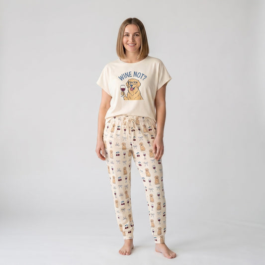 Golden Retriever 'Wine Not?' Soft Knit Pajama Set for Dog Moms