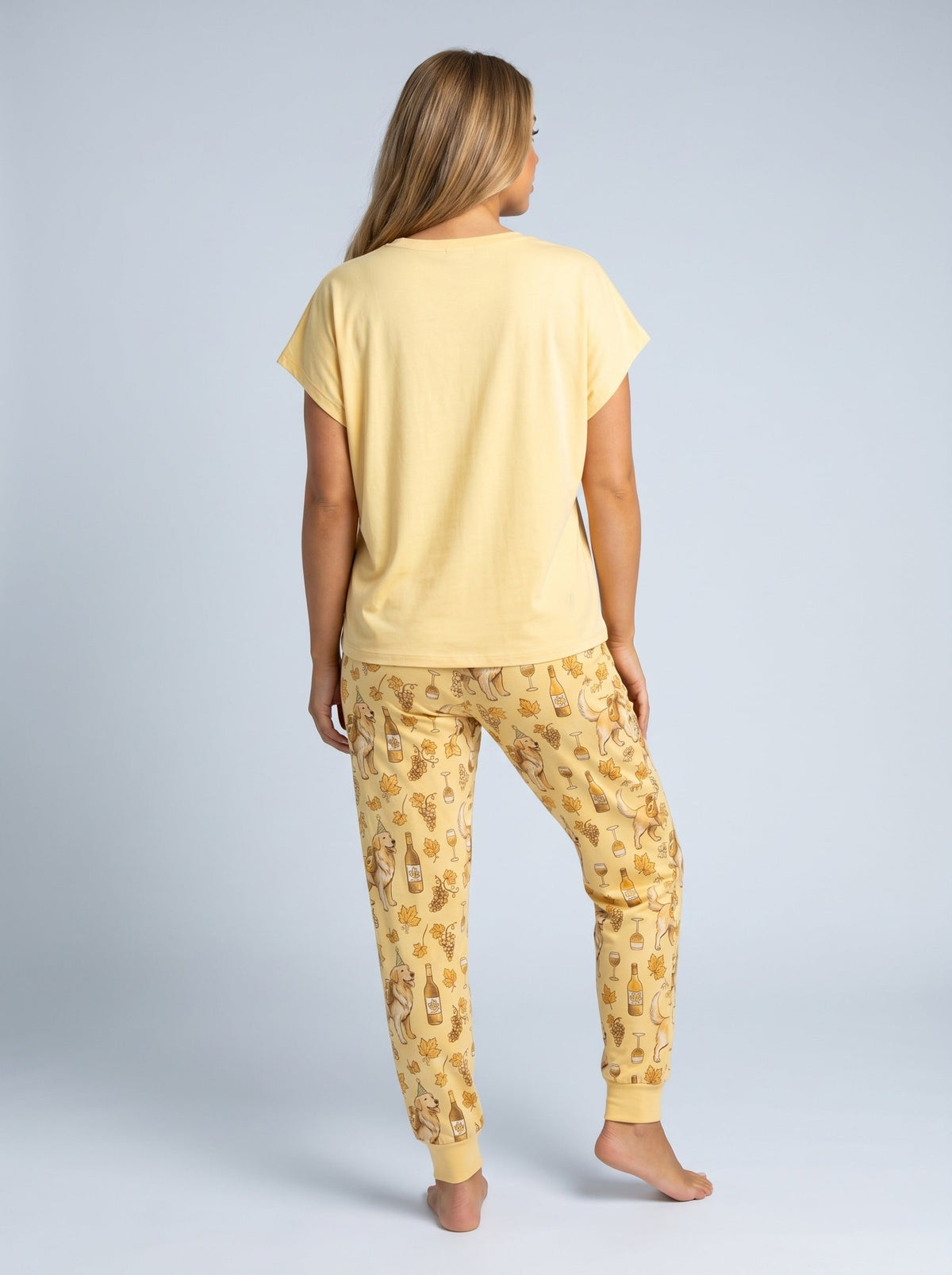 Golden retriever wine print soft knit pajama set for women — light yellow dog mom sleepwear