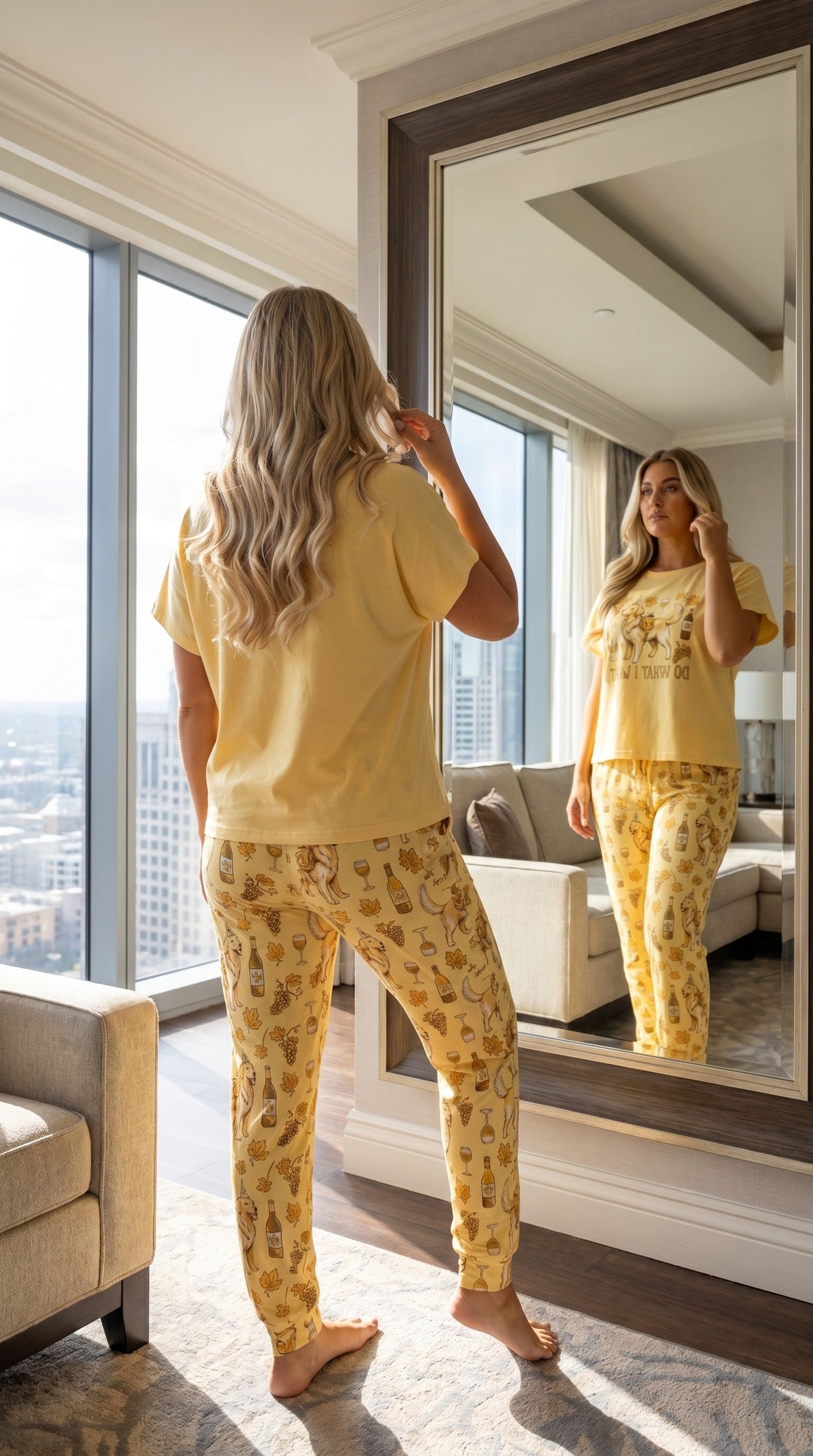 Golden Retriever Wine Print Soft Knit Pajama Set for Women