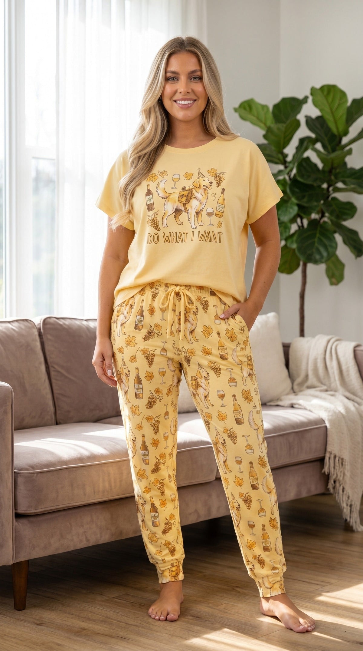 Golden Retriever Wine Print Soft Knit Pajama Set for Women