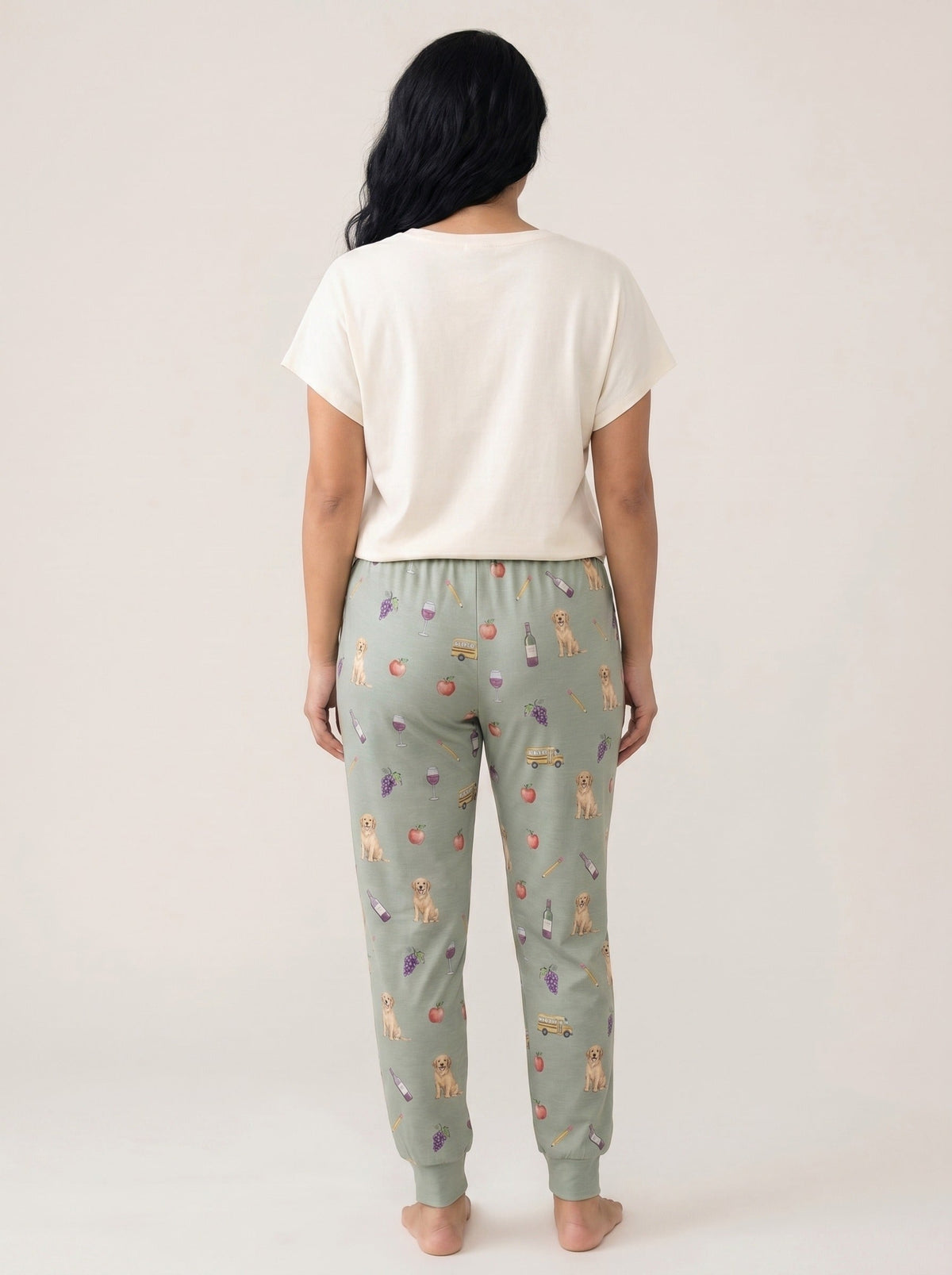 Golden retriever wine print knit pajama set for women — sage green off-white dog mom sleepwear