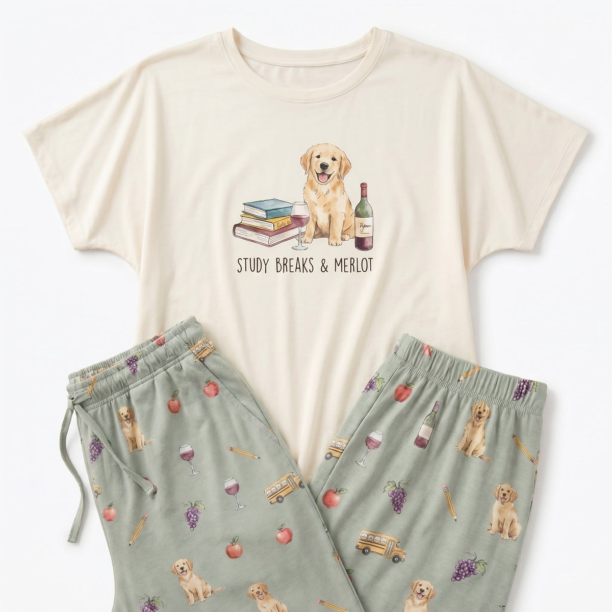 Study Breaks & Merlot Golden Retriever Knit Pajama Set for Women