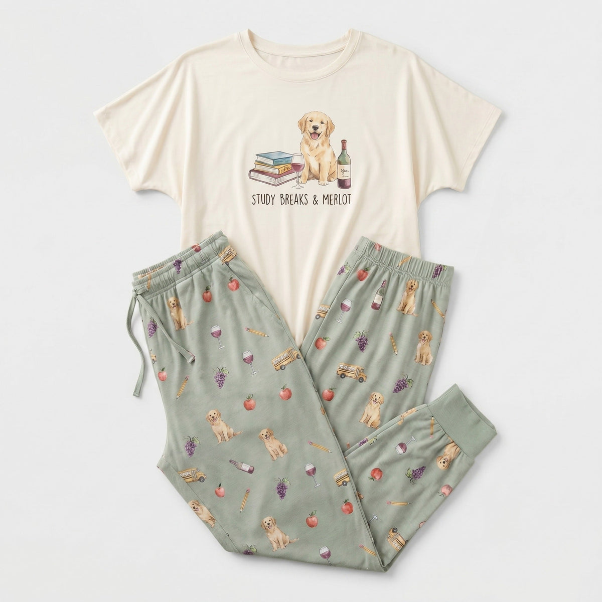 Study Breaks & Merlot Golden Retriever Knit Pajama Set for Women — Cozy Dog Mom Sleepwear