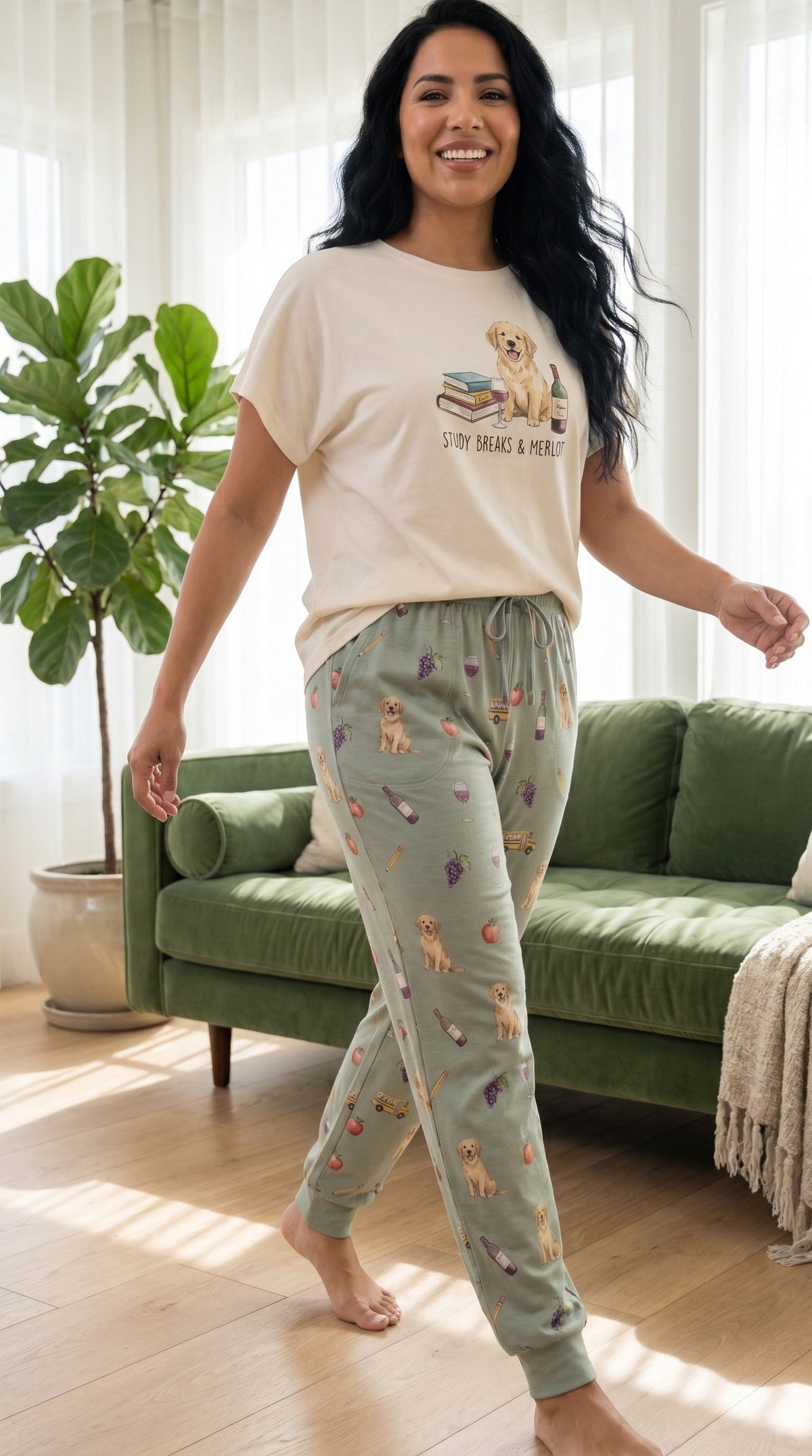 Study Breaks & Merlot Golden Retriever Knit Pajama Set for Women
