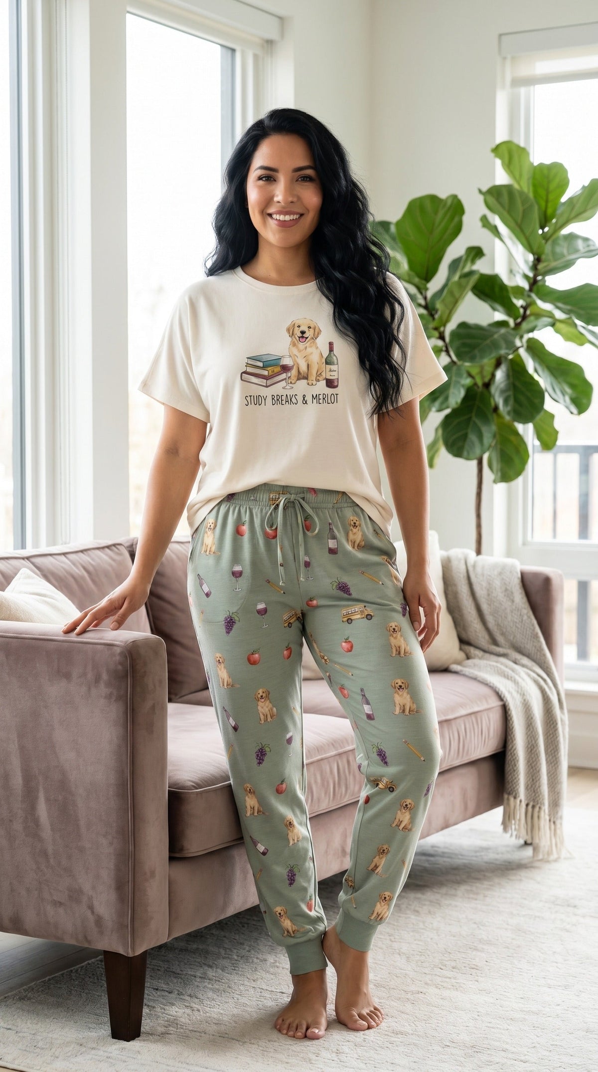 Study Breaks & Merlot Golden Retriever Knit Pajama Set for Women