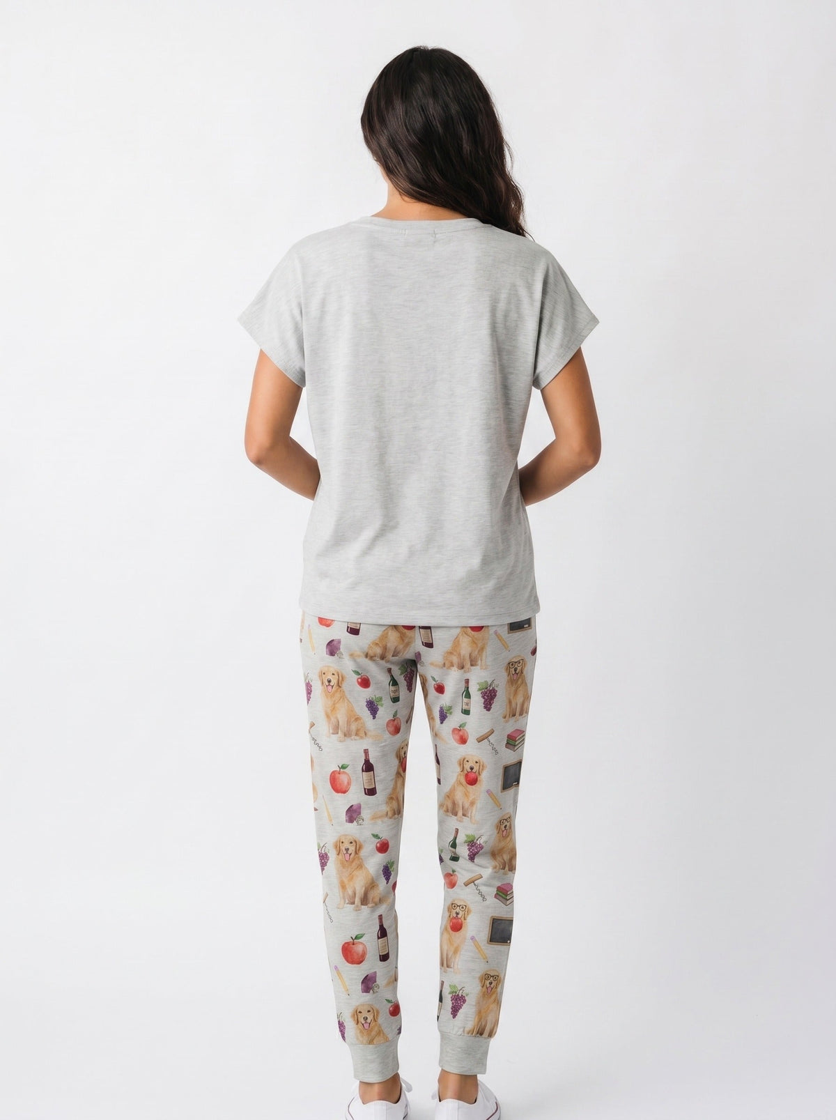 Women's knit pajama set with golden retriever graduation cap graphic tee and all-over print jogger pants, light gray heather