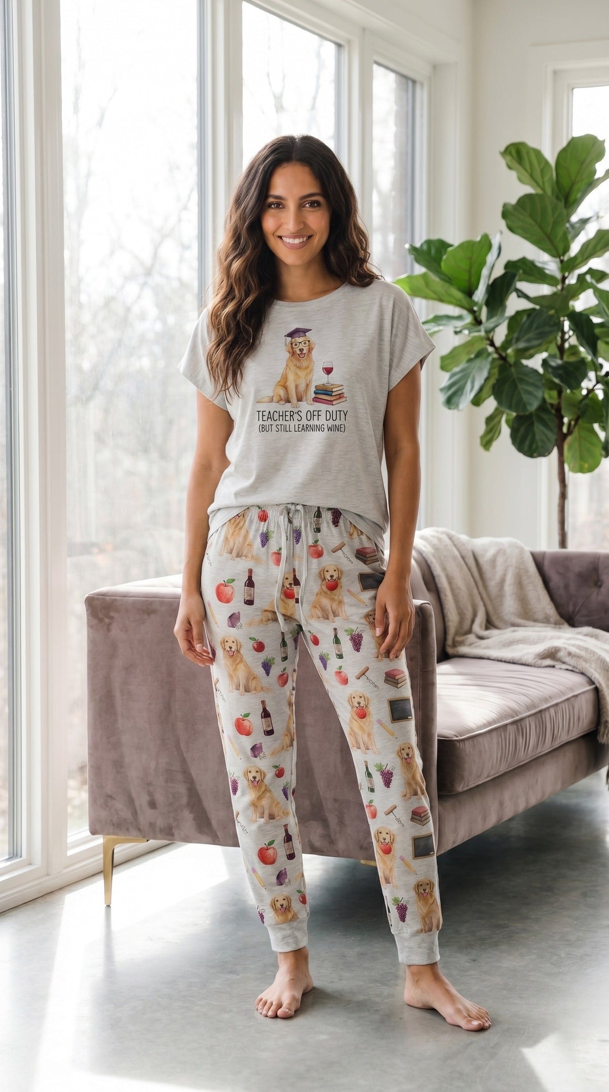 Teacher Off Duty Golden Retriever Cozy Knit Pajama Set for Women