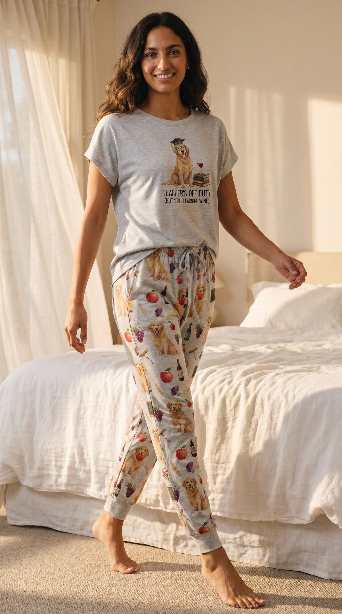 Teacher Off Duty Golden Retriever Cozy Knit Pajama Set for Women