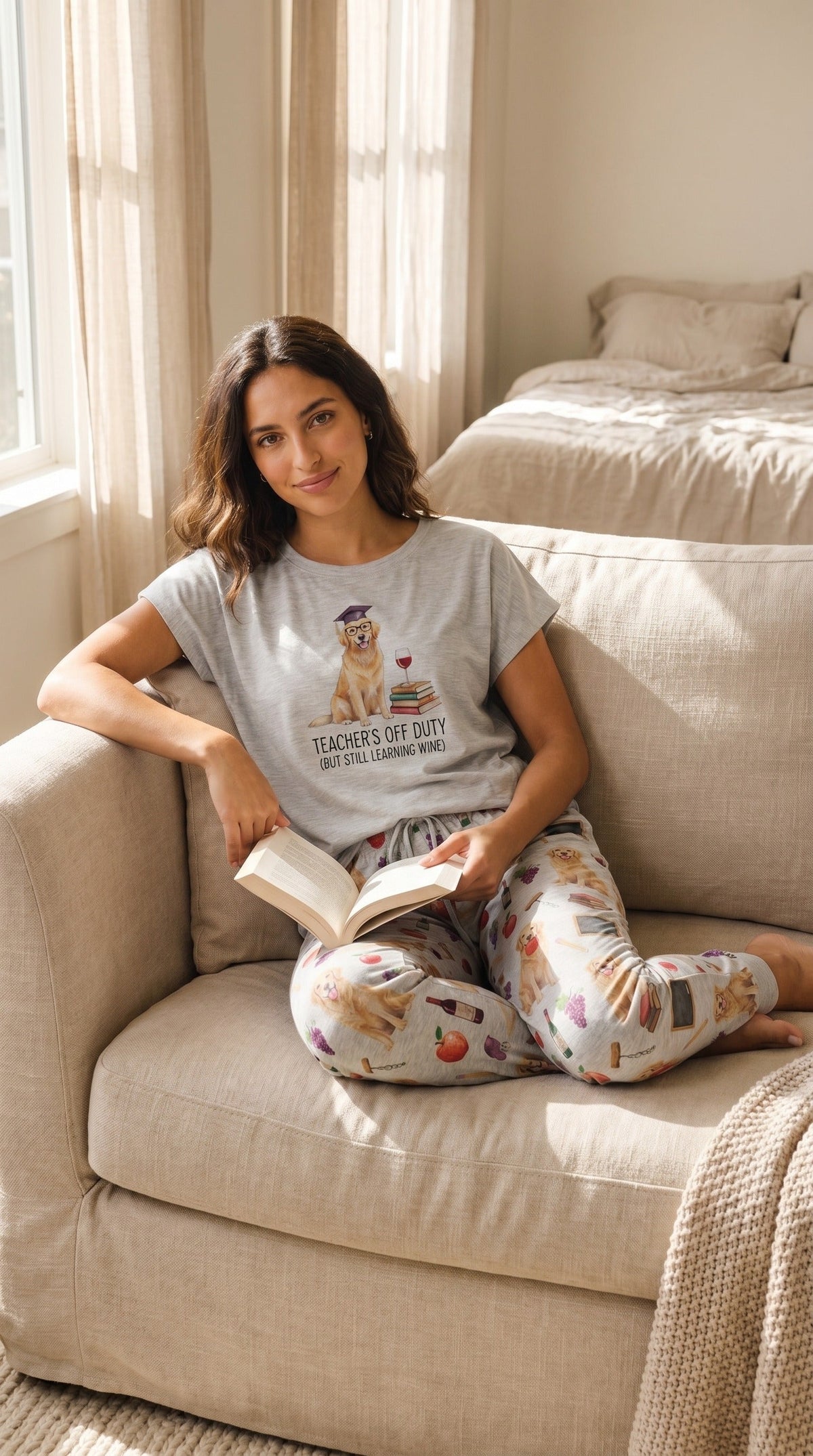 Teacher Off Duty Golden Retriever Cozy Knit Pajama Set for Women