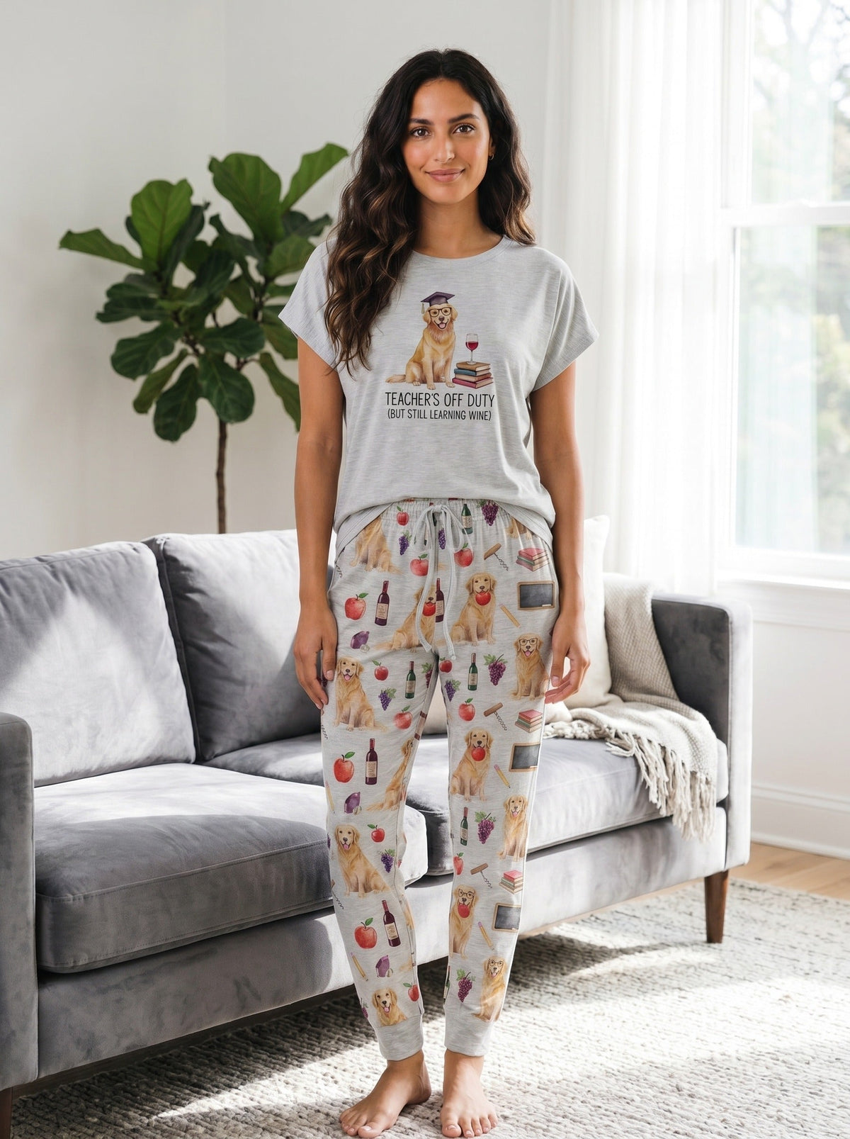 Teacher Off Duty Golden Retriever Cozy Knit Pajama Set for Women