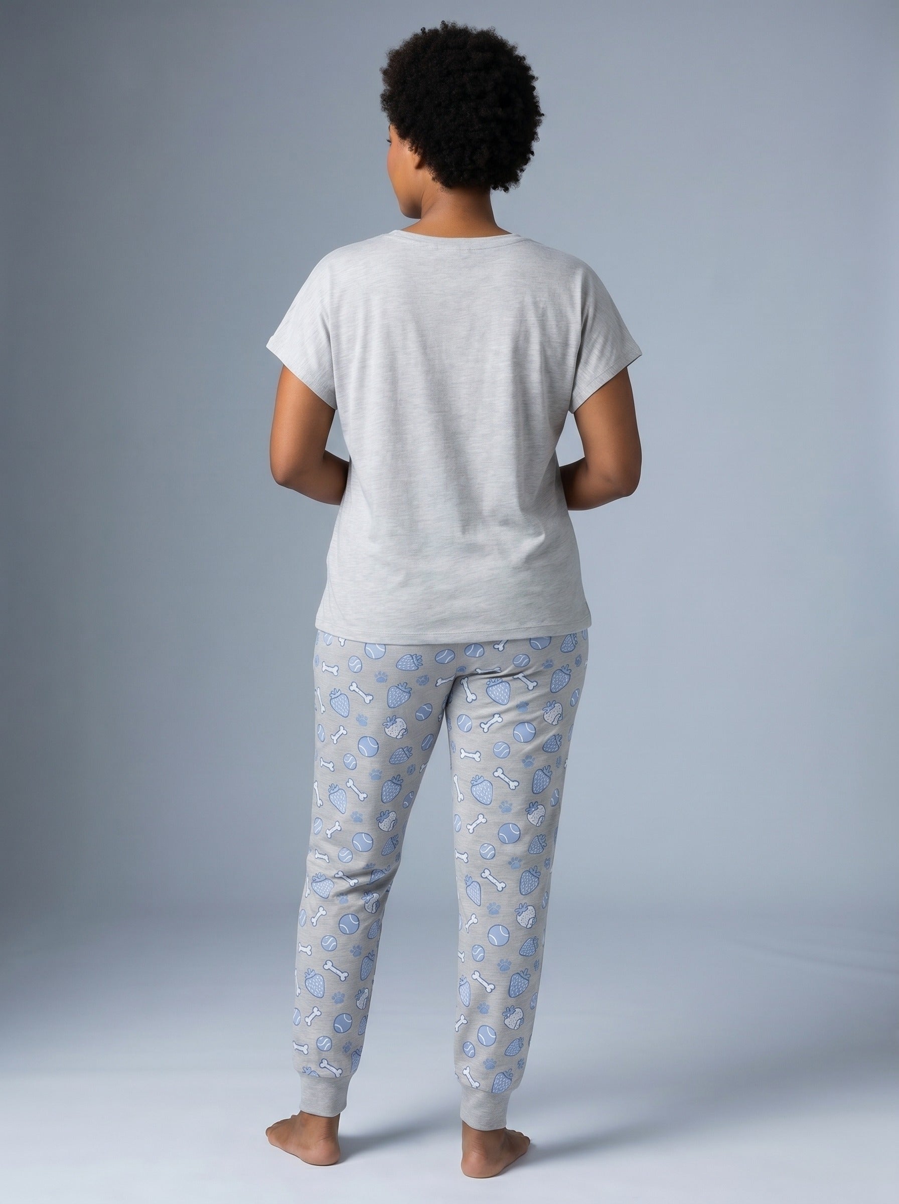 Women's light gray knit pajama set with cartoon poodle sunglasses graphic tee and strawberry paw print AOP jogger pants