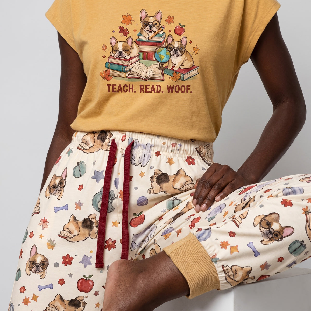 Scholarly French Bulldog Knit Pajama Set for Teachers & Dog Moms