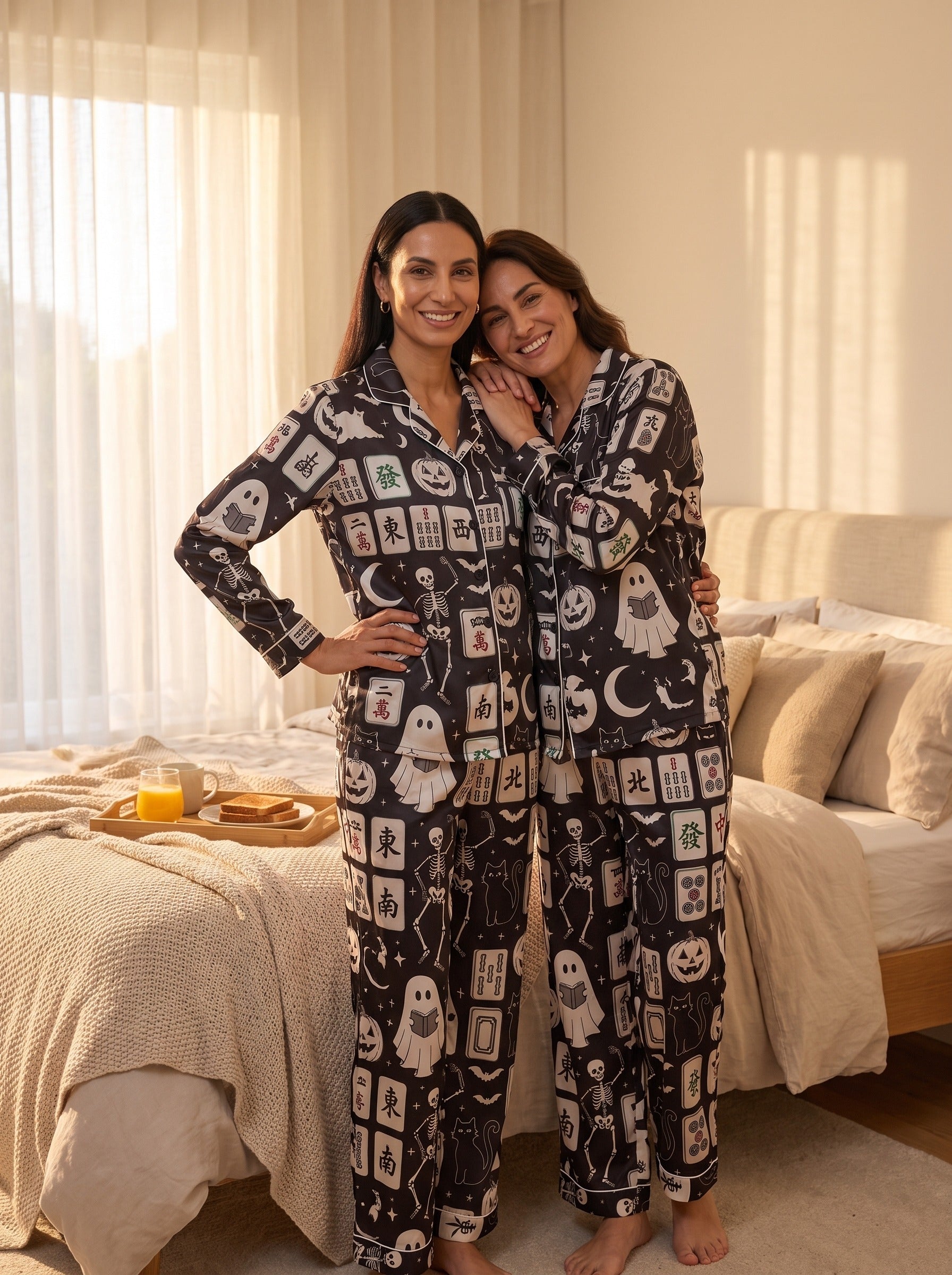 Silky Satin Long-Sleeved Women's Pajama Set In Halloween Mahjong