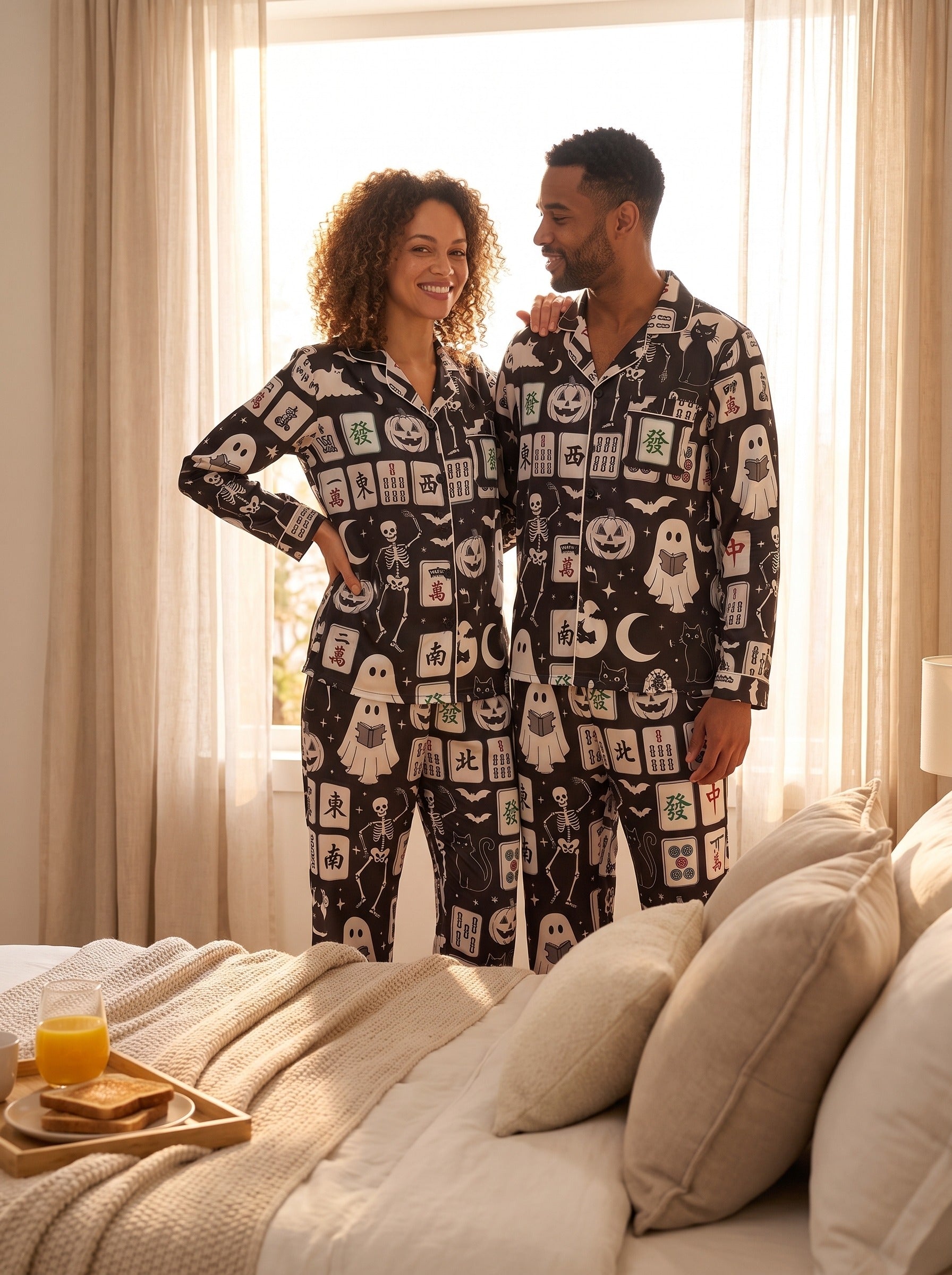Silky Satin Long-Sleeved Women's Pajama Set In Halloween Mahjong