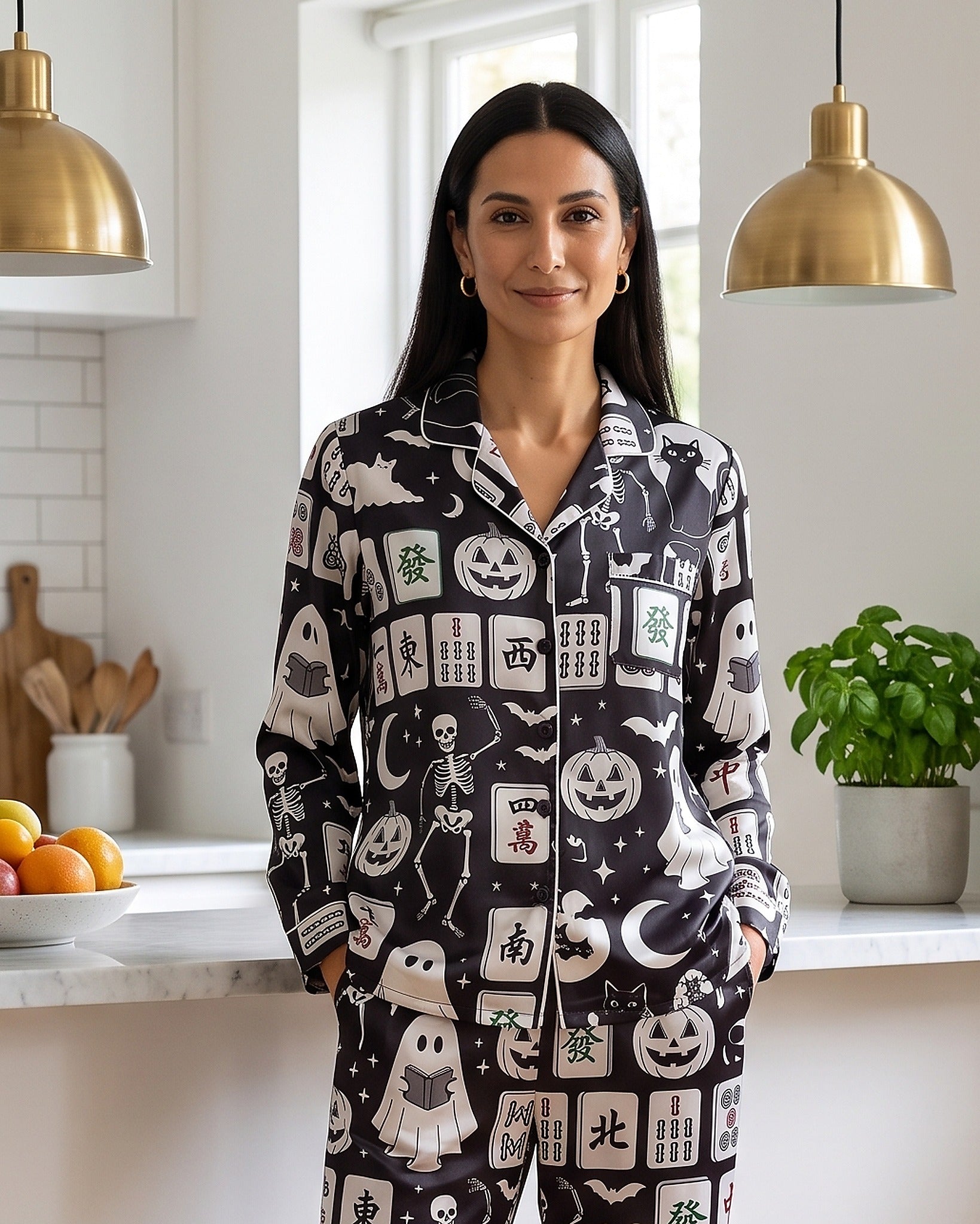 Silky Satin Long-Sleeved Women's Pajama Set In Halloween Mahjong