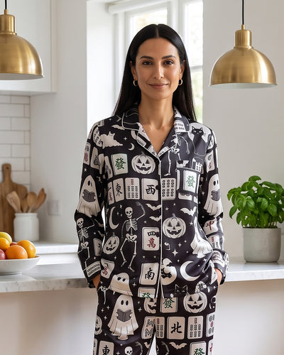 Mahjong Halloween Satin Pajama Set for Women — hands in pockets