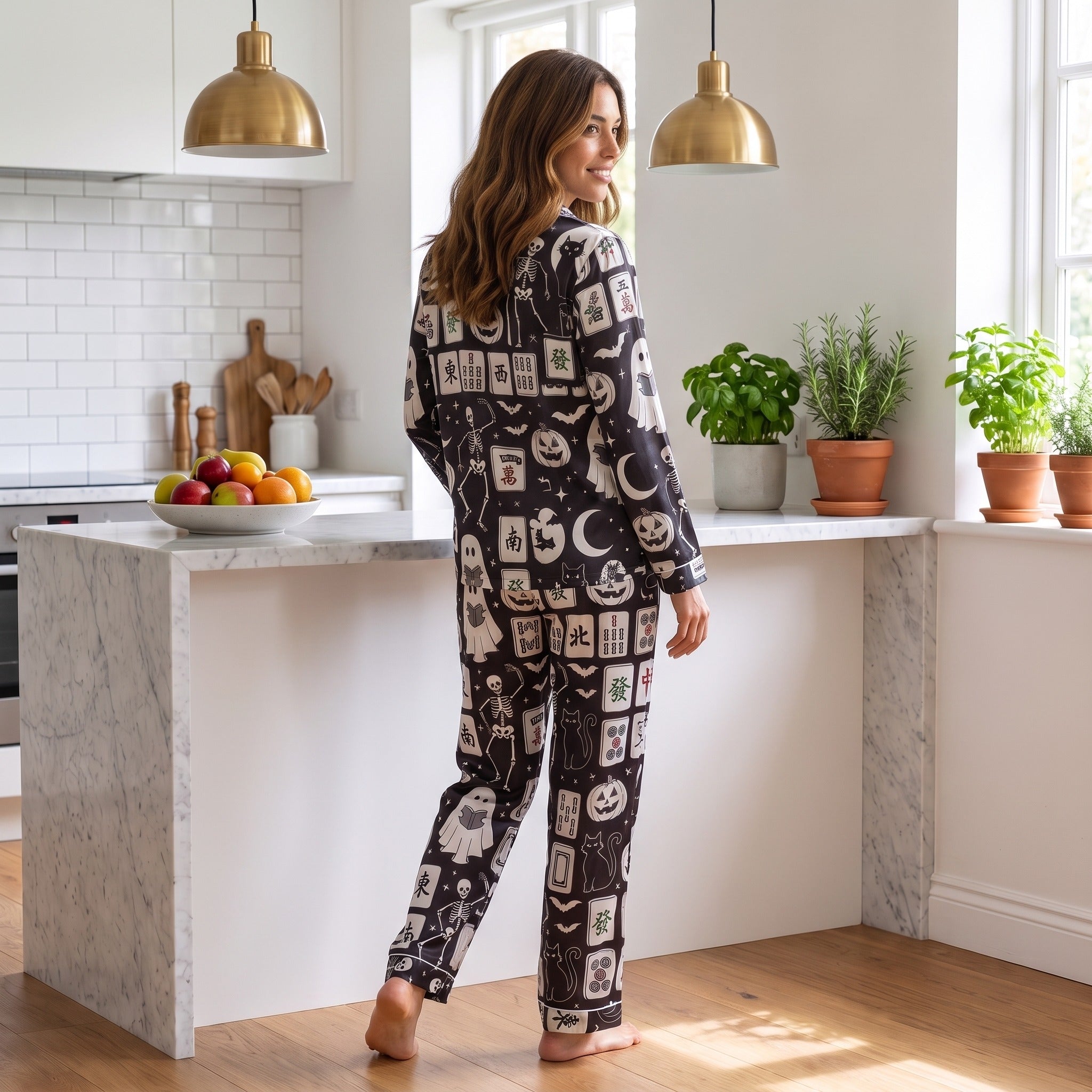 Silky Satin Long-Sleeved Women's Pajama Set In Halloween Mahjong