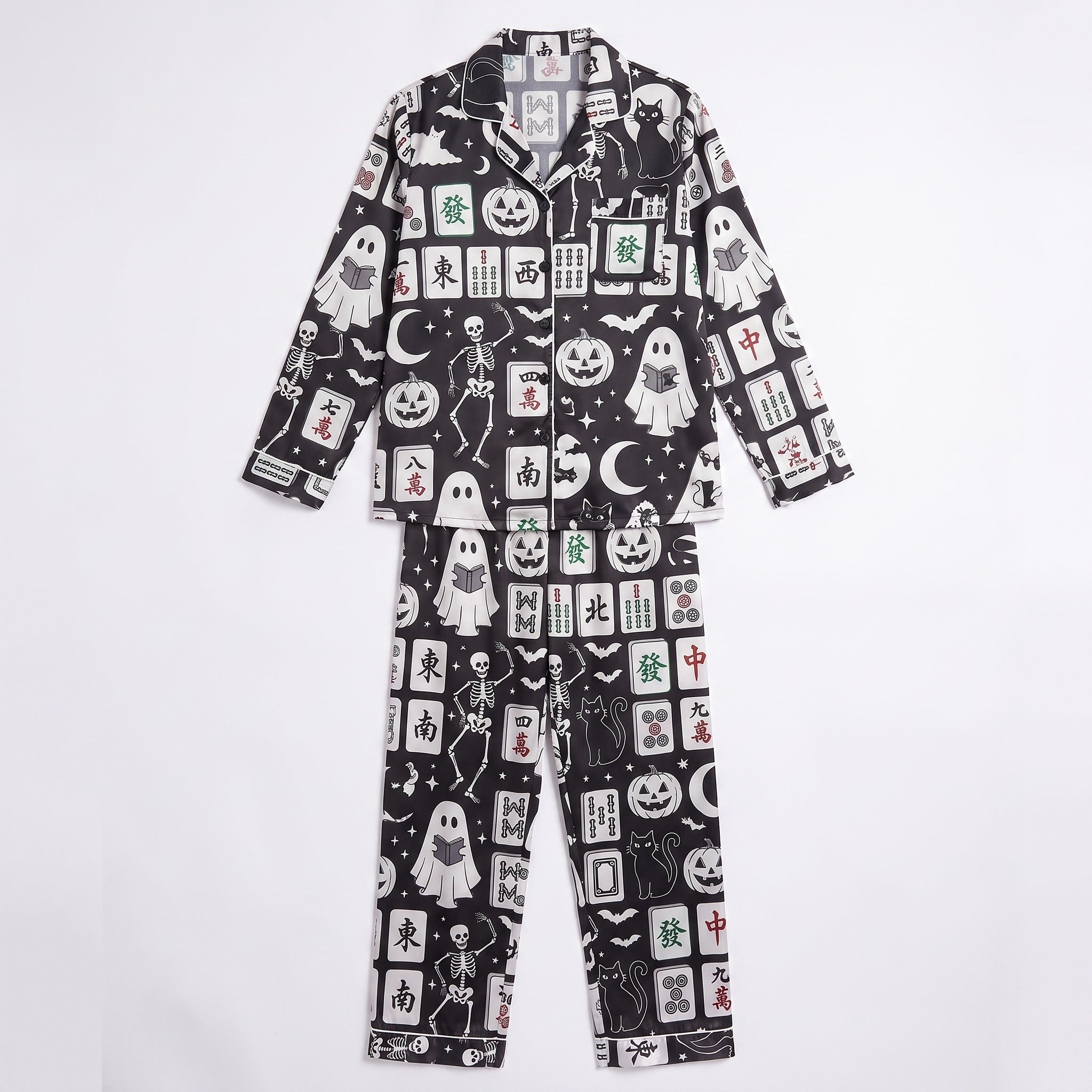 Silky Satin Long-Sleeved Women's Pajama Set In Halloween Mahjong