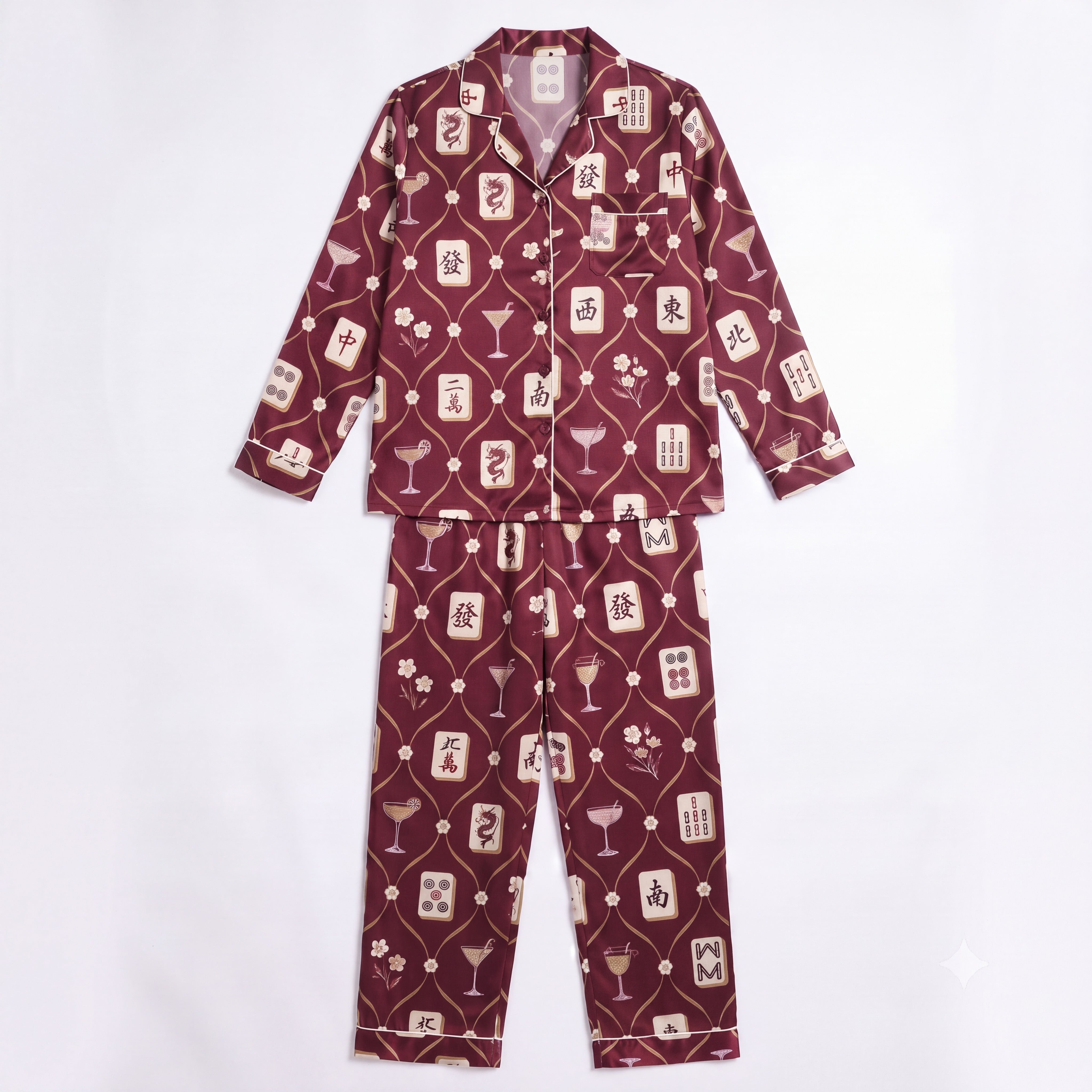 Burgundy Mahjong Cocktail Pajama Set for Women
