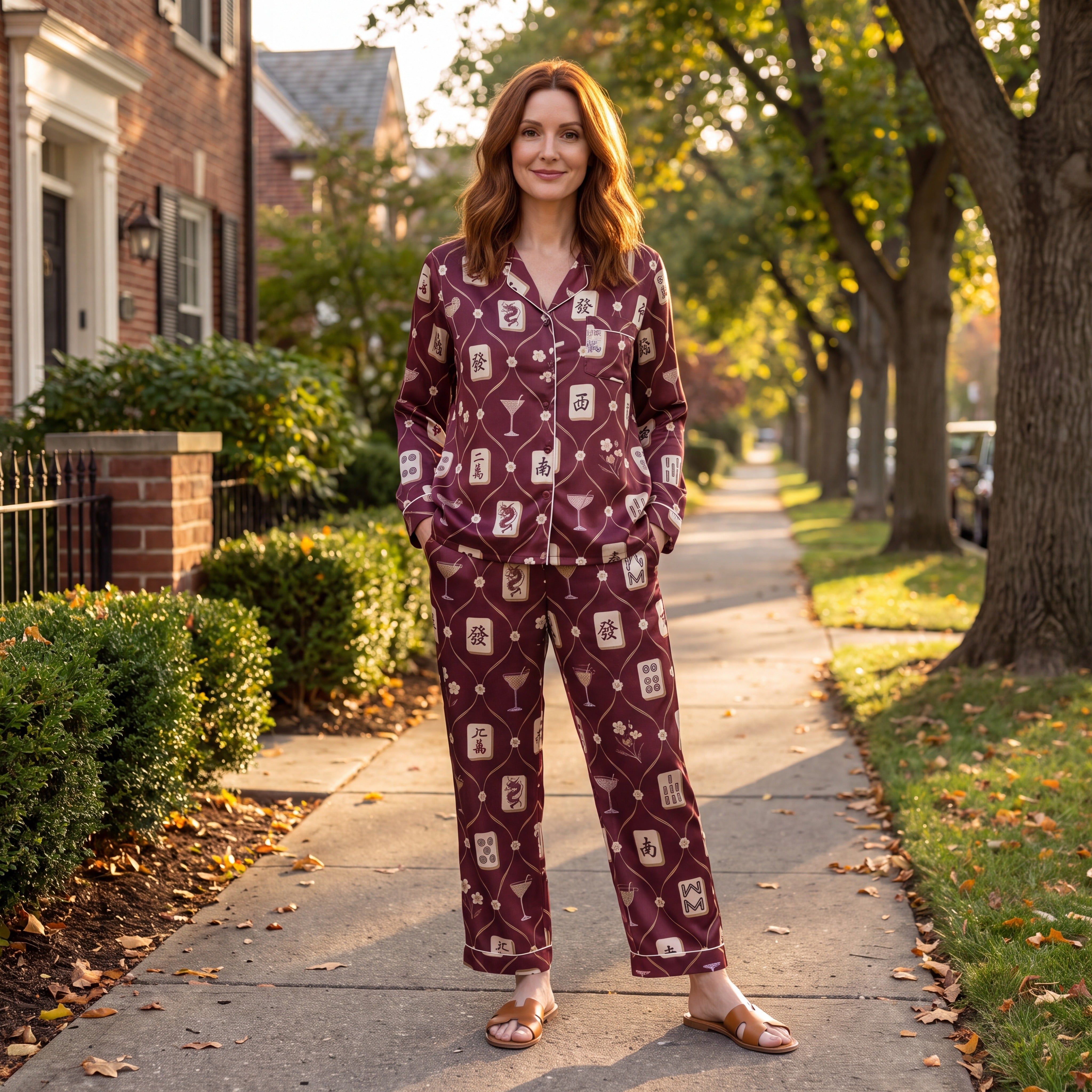 Burgundy Mahjong Cocktail Pajama Set for Women