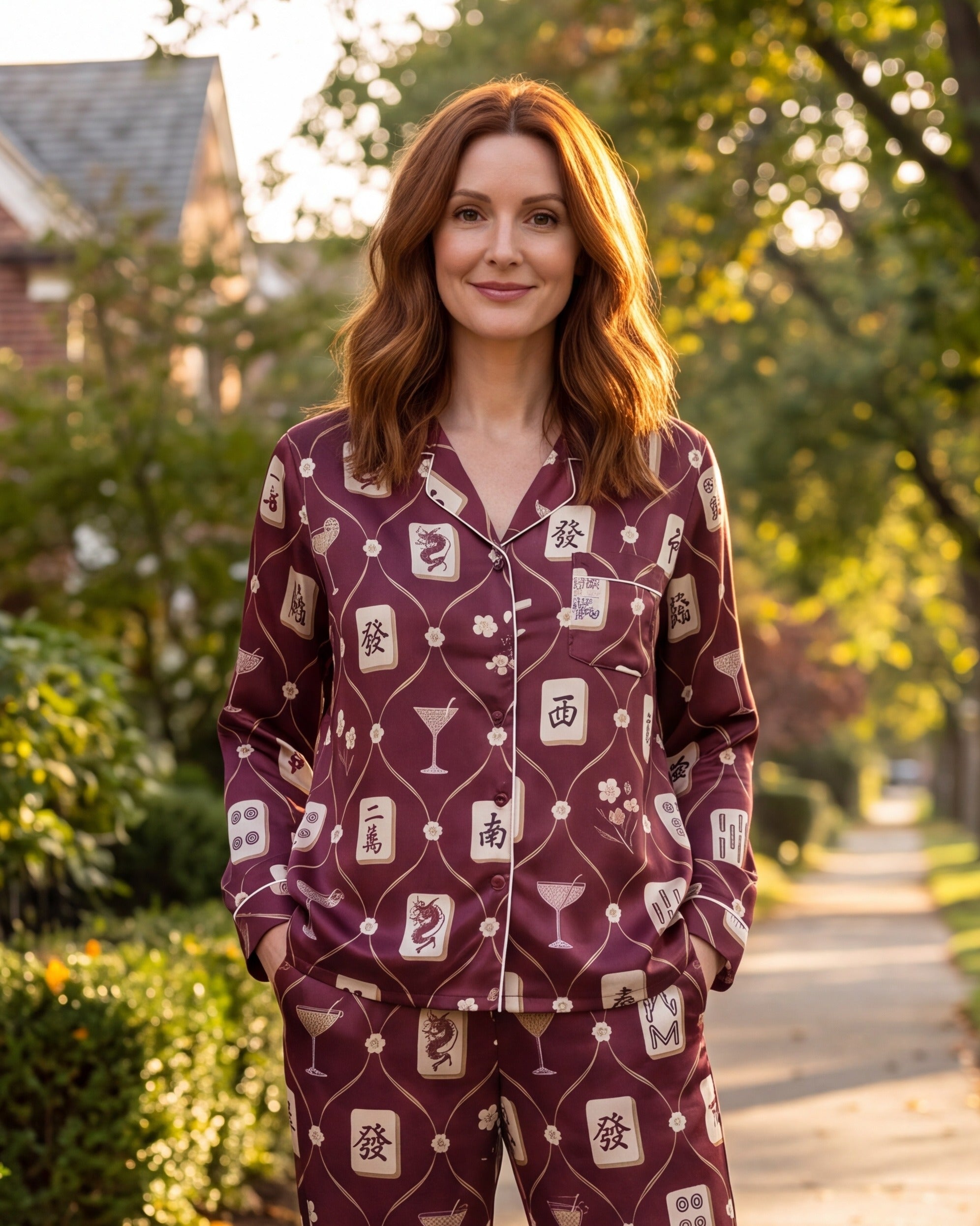 Burgundy Mahjong Cocktail Pajama Set for Women