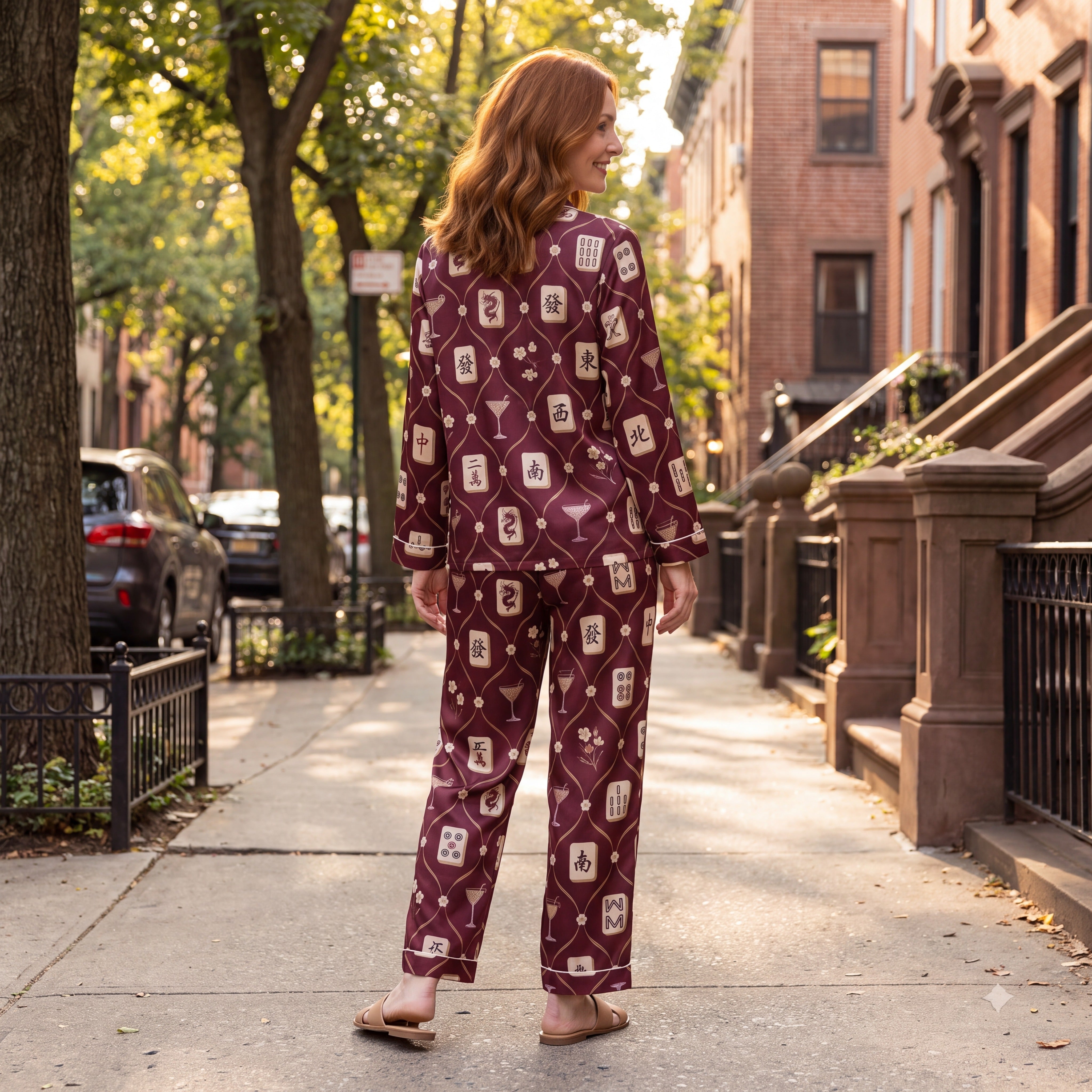 Burgundy Mahjong Cocktail Pajama Set for Women