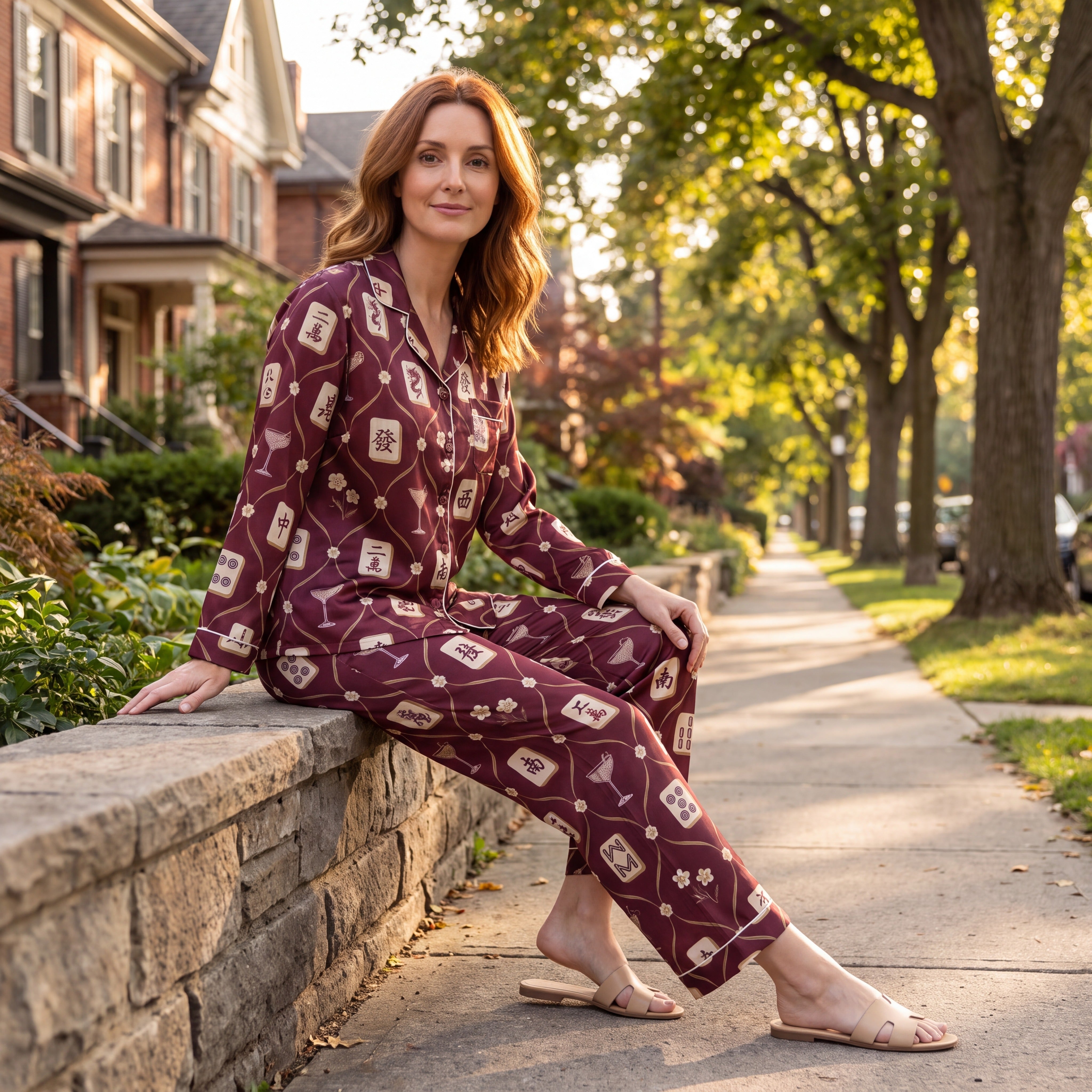 Burgundy Mahjong Cocktail Pajama Set for Women