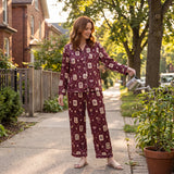 Burgundy Mahjong Cocktail Pajama Set for Women