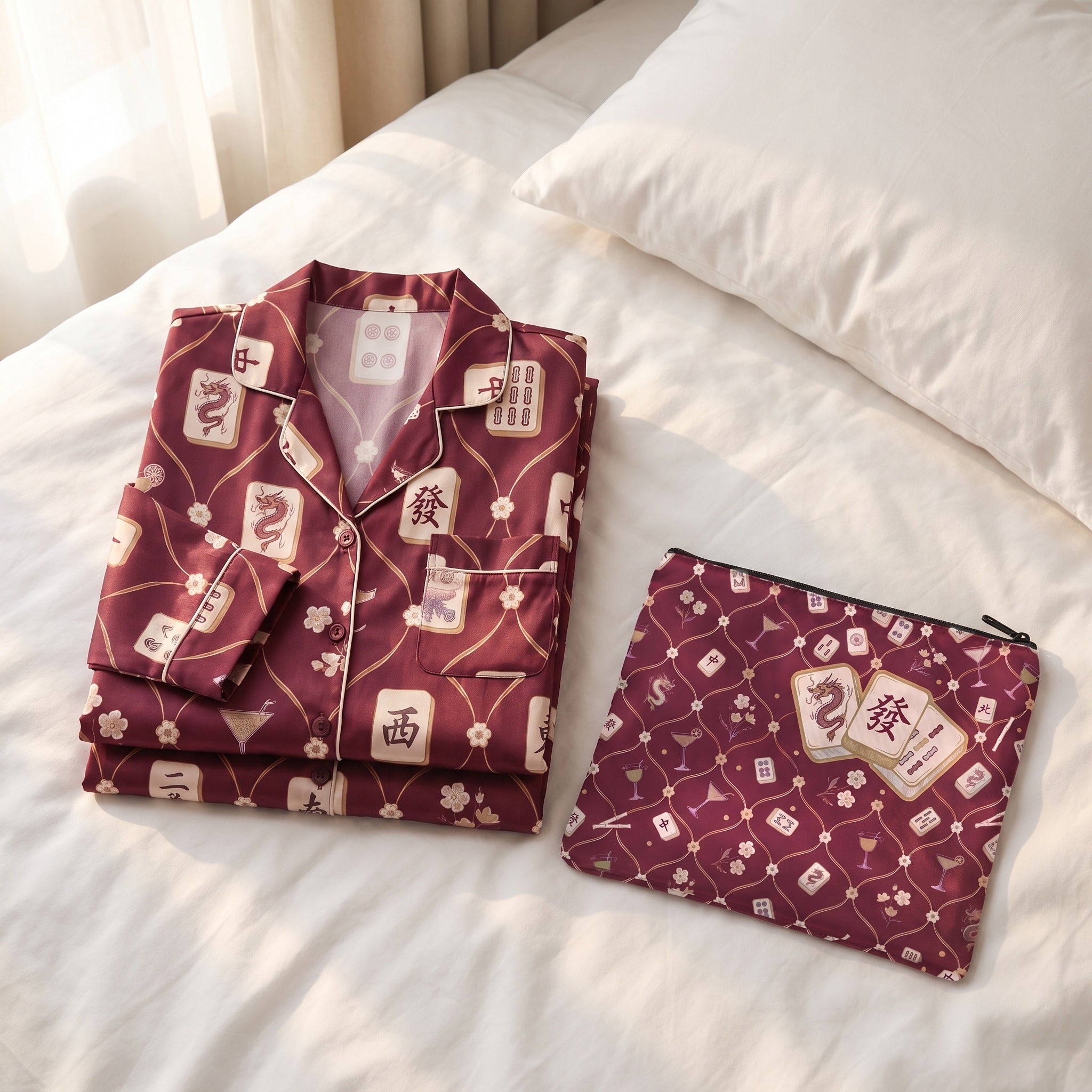 Burgundy Mahjong Cocktail Pajama Set for Women — styled with the included matching fabric pouch