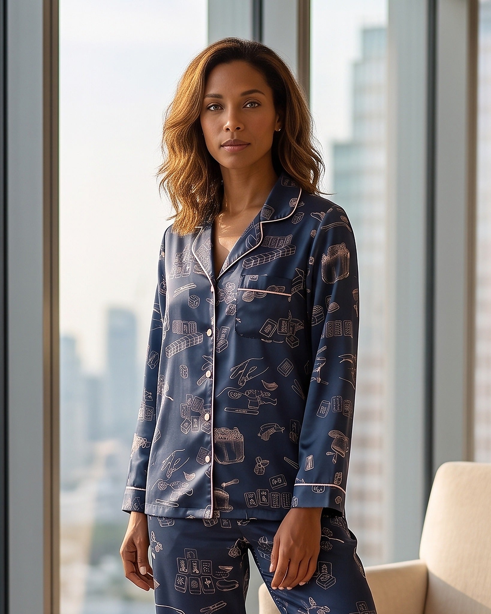 Navy Mahjong Game Night Pajama Set for Women