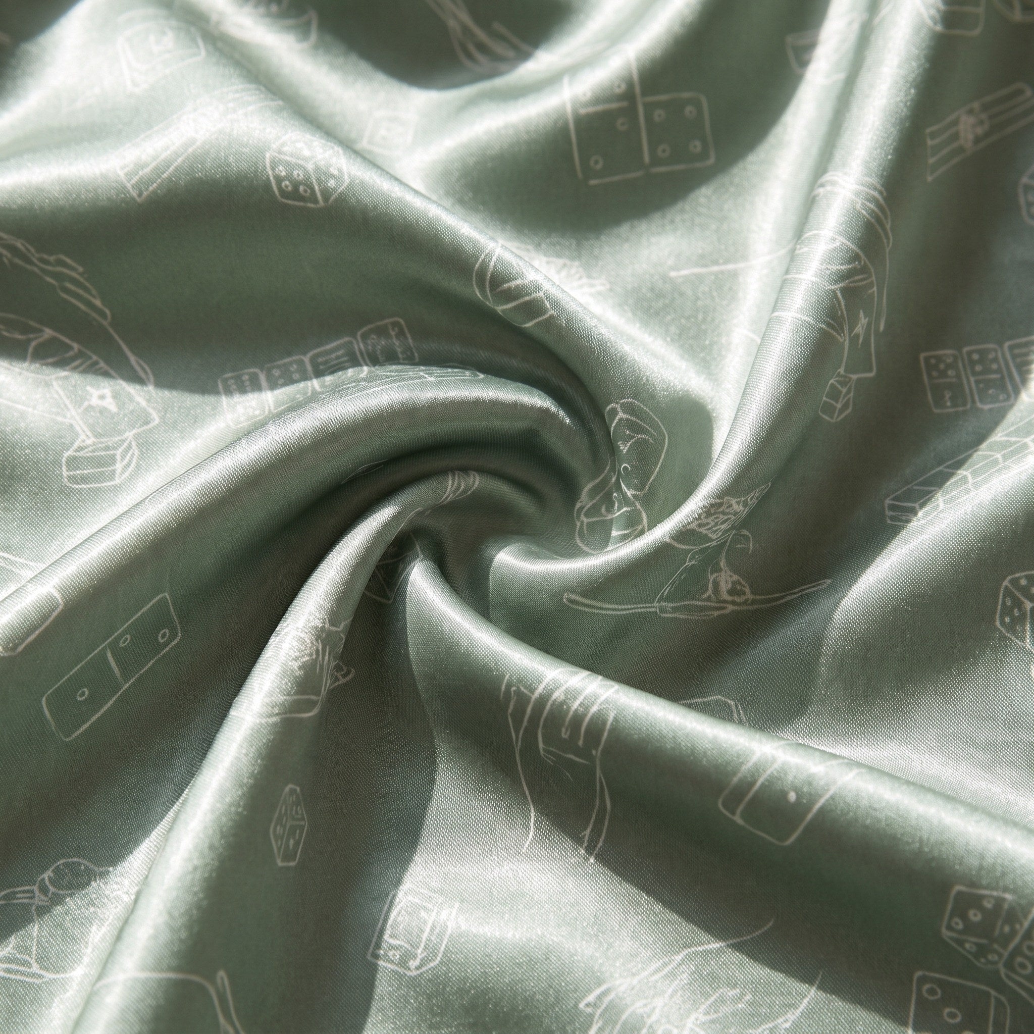 Sage Green Mahjong Satin Pajama Set for Women | IBUYTERO — close-up of the satin fabric print