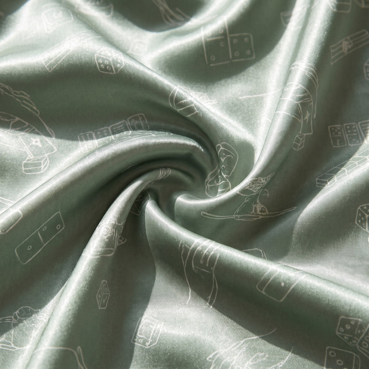 Sage Green Mahjong Satin Pajama Set for Women | IBUYTERO — close-up of the satin fabric print