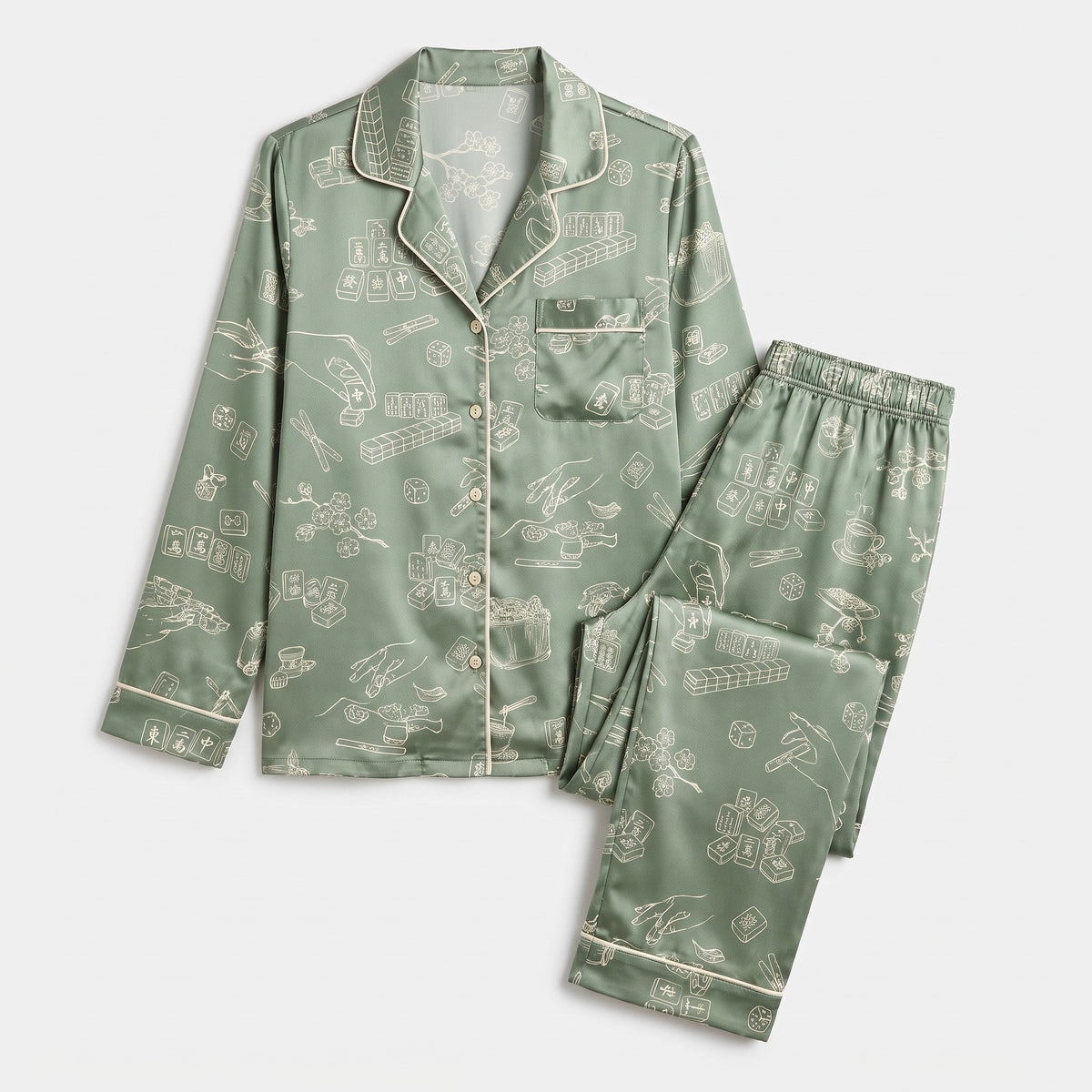 Sage Green Mahjong Satin Pajama Set for Women | IBUYTERO — lifestyle photo