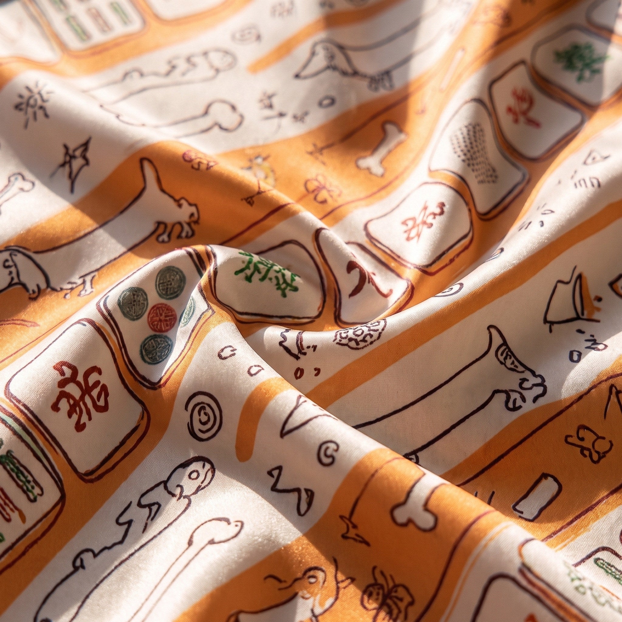 Silky Satin Long-Sleeved Women's Pajama Set in Orange Dachshund Mahjong
